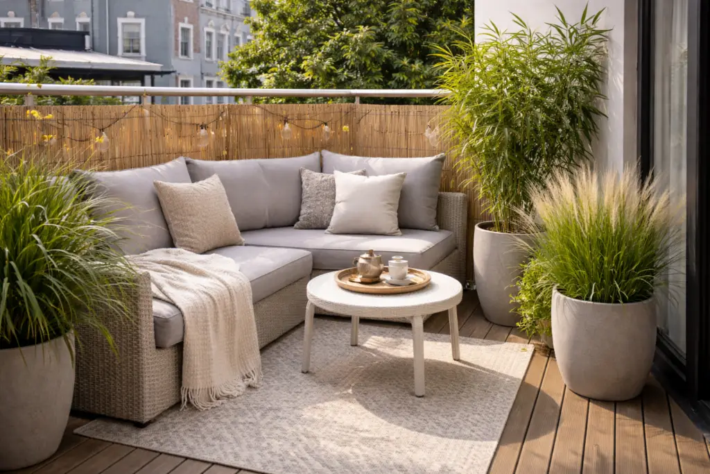 Balkon mit stilvollem Sichtschutz aus Bambus, gemütlicher Lounge mit grauen Polstern, Outdoor Teppich, runden Beistelltisch und hohen Pflanzkübeln mit Gräsern als natürlichem Sichtschutz