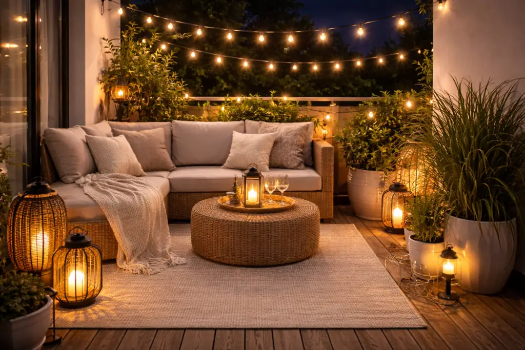 Balkon bei Nacht mit Lichterketten, Laternen mit warmem Licht, gemütlicher Lounge aus Rattan, Outdoor Teppich und Pflanzen für romantische Abendstimmung