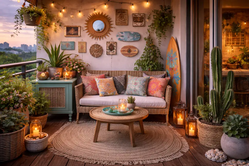 Individuell dekorierter Balkon im warmen Abendlicht mit Rattanbank, bunten Kissen, rundem Holztisch, Lichterkette und persönlicher Wanddeko aus Bildern, Spiegel und Fundstücken, ergänzt durch Pflanzen, Laternen und besondere Einzelstücke für einen einzigartigen, wohnlichen Wohlfühlort.