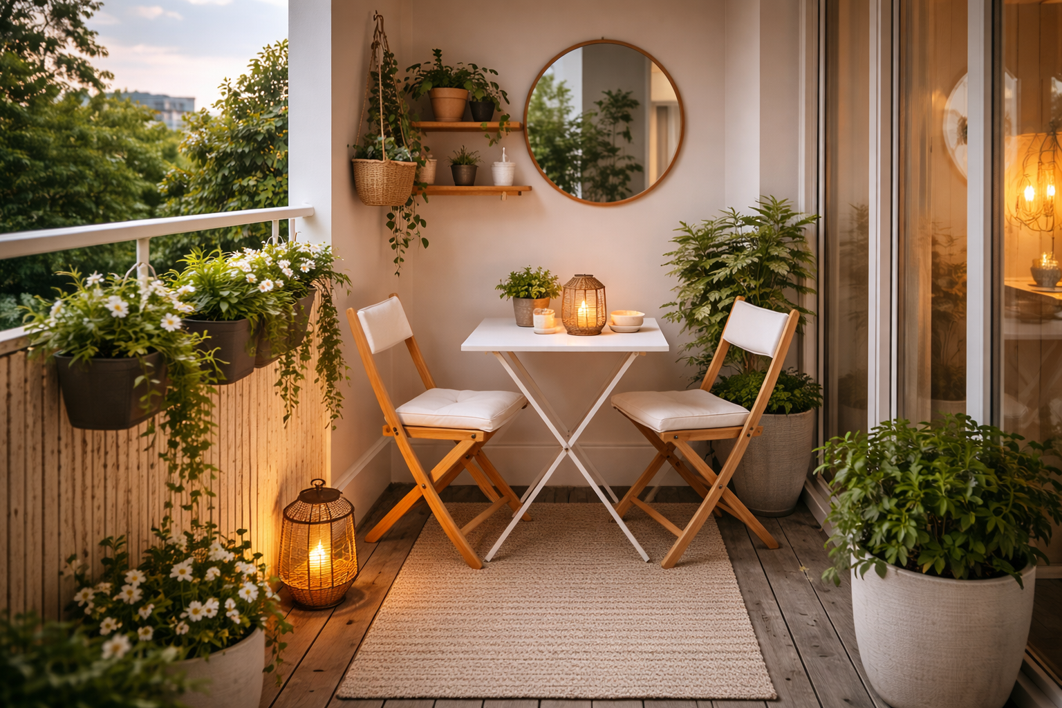 Kleiner Balkon mit hellem Outdoor Teppich, klappbarem Bistrotisch und Stühlen, Wandregal mit Pflanzen, Spiegel zur optischen Vergrößerung und platzsparender Einrichtung in hellen Farben