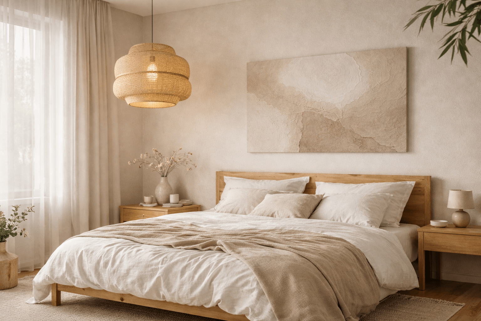 Skandinavisches Schlafzimmer mit hellem Holzbett, weißer Leinenbettwäsche und großer Pendelleuchte aus Naturmaterial, ruhig und modern eingerichtet in warmen Beigetönen.