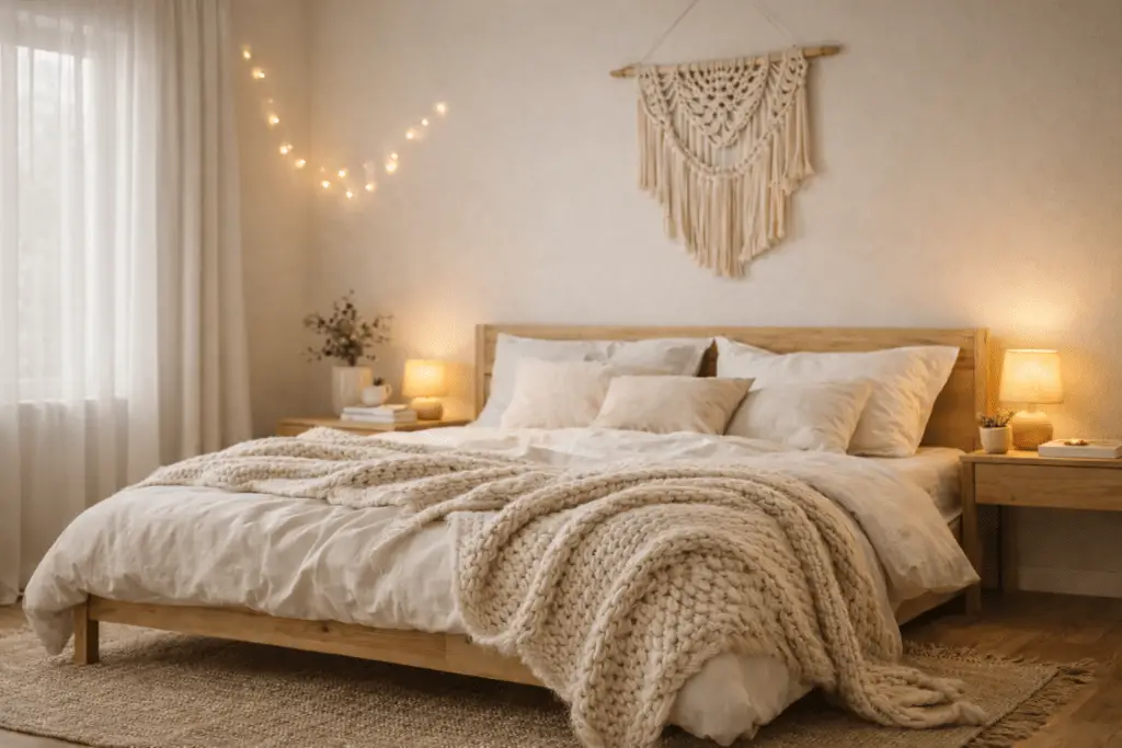 Gemütliches skandinavisches Schlafzimmer mit hellem Holzbett, weißer Bettwäsche und grob gestrickter Decke am Fußende, warmes Licht und natürliche Materialien.