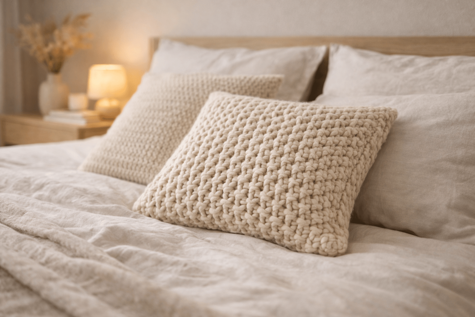 Detailaufnahme eines skandinavischen Bettes mit gestrickten Kissen in Beige und Creme auf zerknitterter Leinenbettwäsche, weich beleuchtet und ruhig inszeniert.
