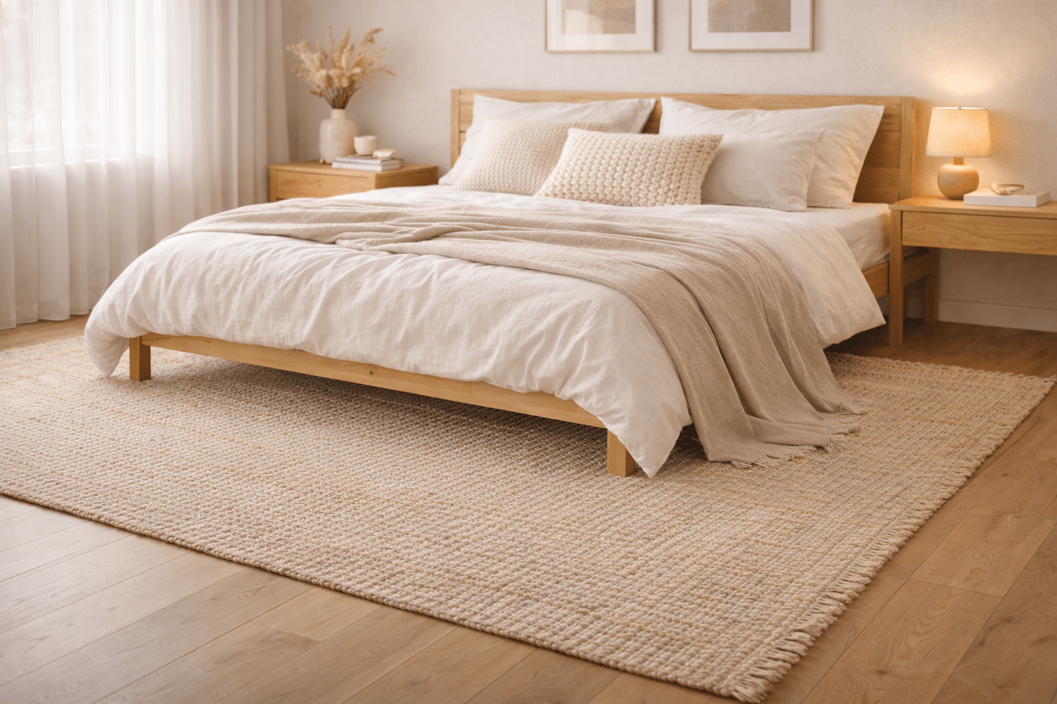 Helles skandinavisches Schlafzimmer mit Holzbett, weißer Bettwäsche und großem Naturfaserteppich aus Jute oder Wolle, warmes Licht und ruhige Atmosphäre.