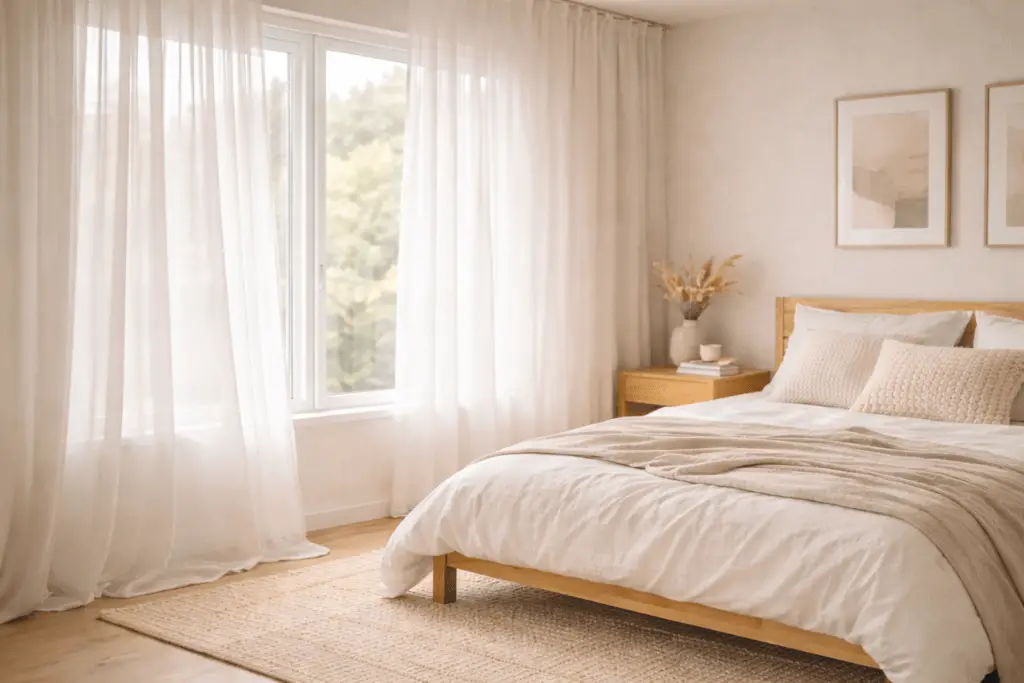 Helles skandinavisches Schlafzimmer mit bodenlangen, transparenten Leinenvorhängen, die sanftes Tageslicht filtern und eine luftige, ruhige Atmosphäre schaffen.