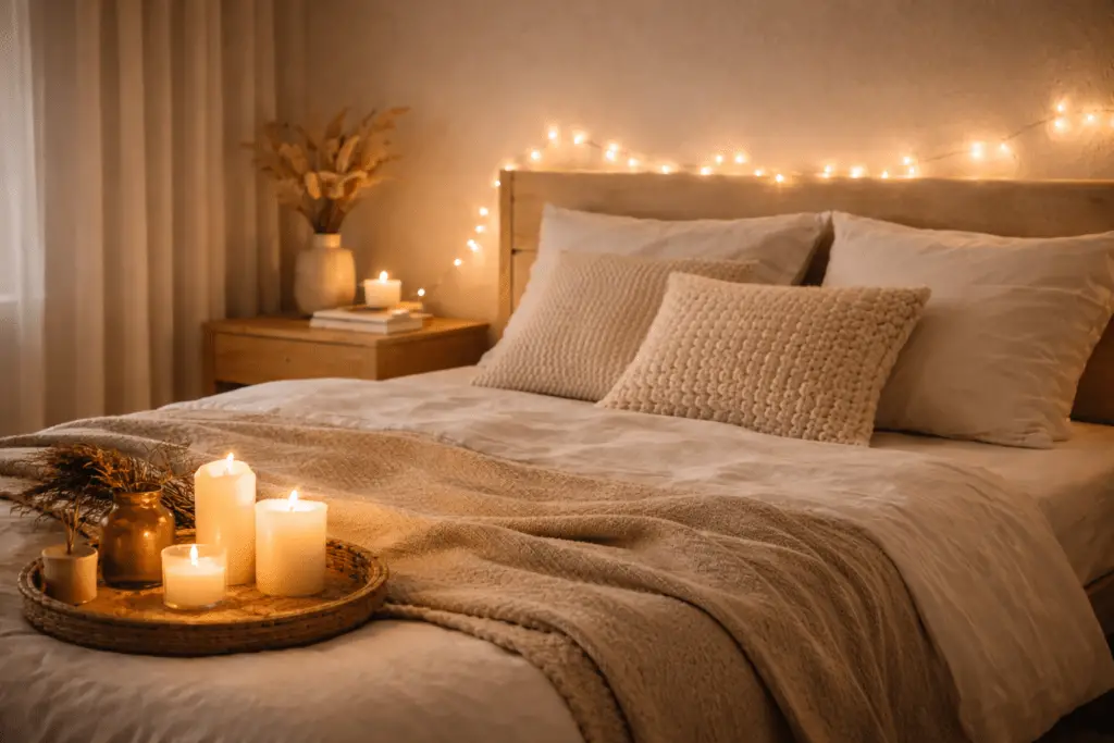 Skandinavisches Schlafzimmer am Abend mit Kerzenlicht und Lichterkette, warm beleuchtetes Bett in neutralen Naturtönen und gemütlicher Hygge-Atmosphäre.