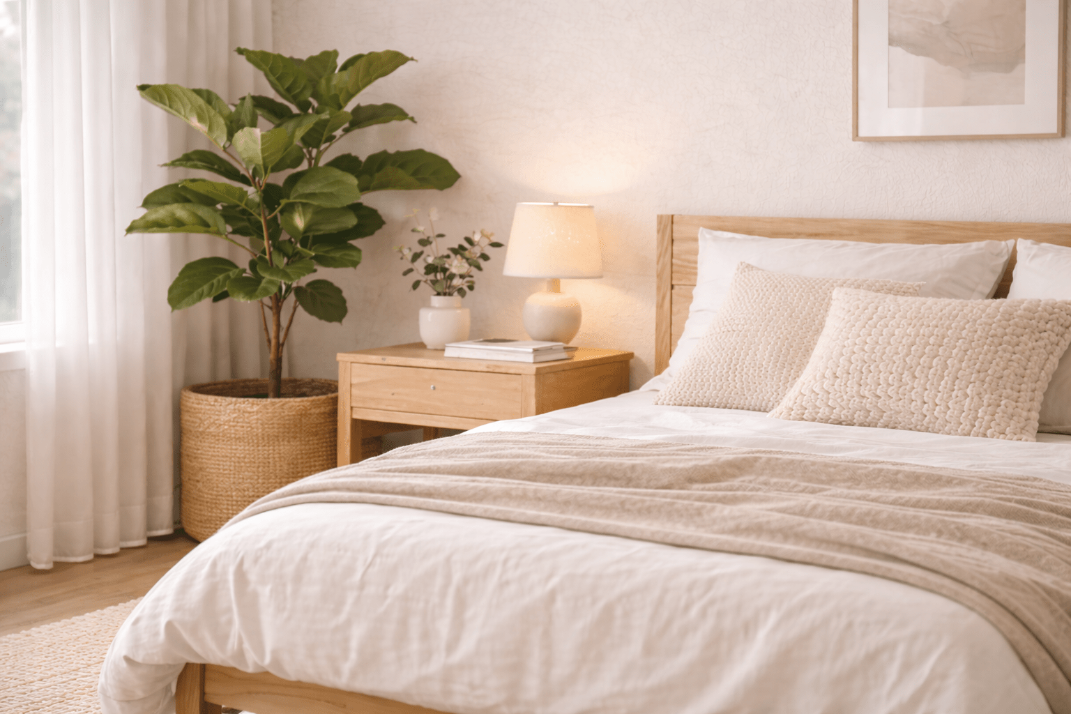 Skandinavisches Schlafzimmer im Detail mit halbem Holzbett, schlichtem Nachttisch und großer Zimmerpflanze in der Ecke, hell und natürlich eingerichtet.