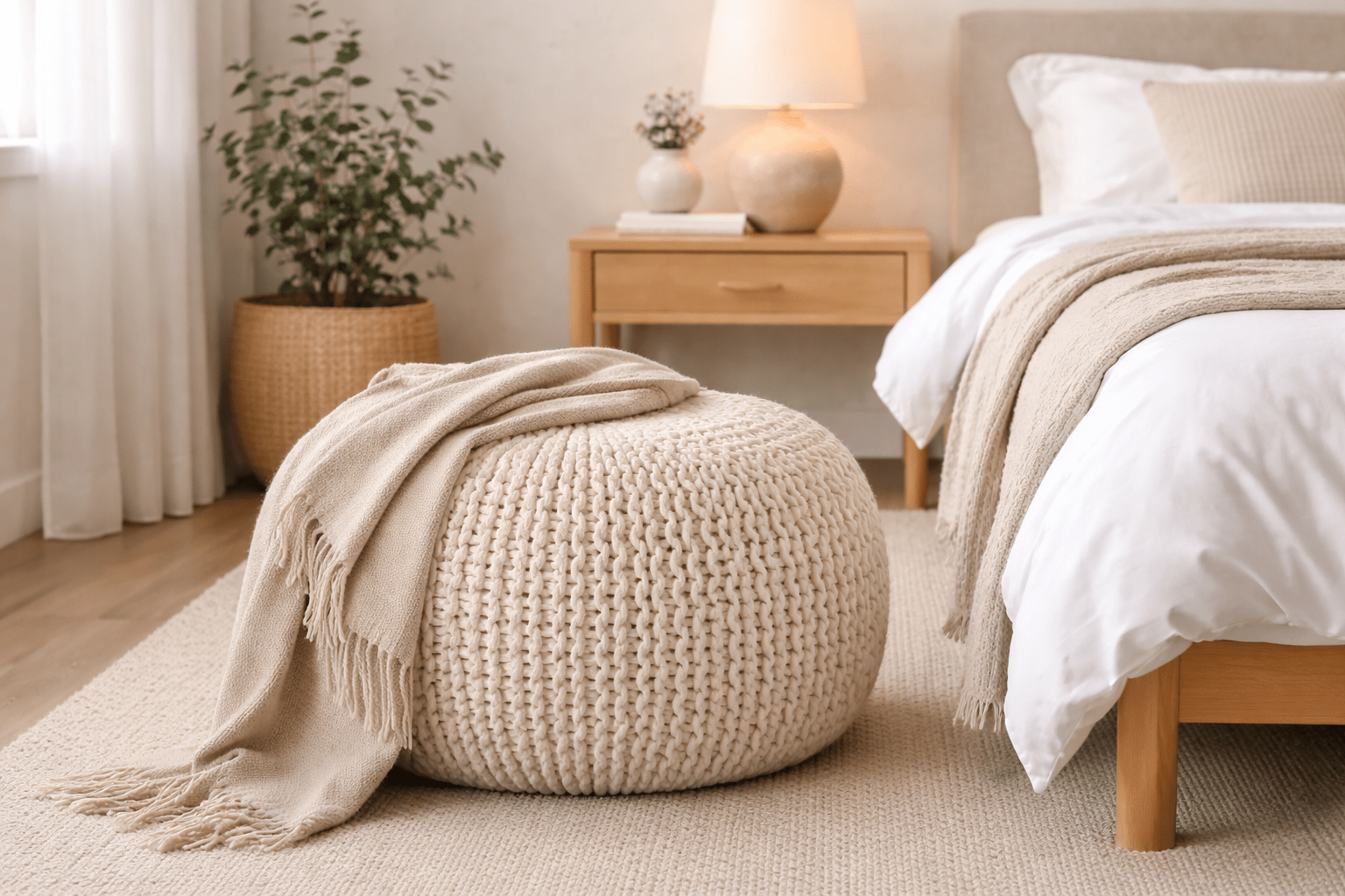 Gestrickter Pouf in Creme neben einem skandinavischen Holzbett, kombiniert mit heller Bettwäsche, Naturteppich und weichen Textilien im ruhigen Schlafzimmer.