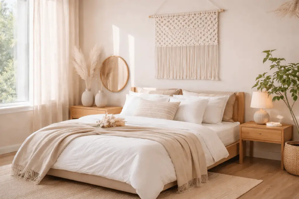 Skandinavisches Schlafzimmer mit weißem Makramee Wandbehang über dem Holzbett, heller Bettwäsche, Naturtönen und sanftem Tageslicht für eine ruhige Boho-Atmosphäre.