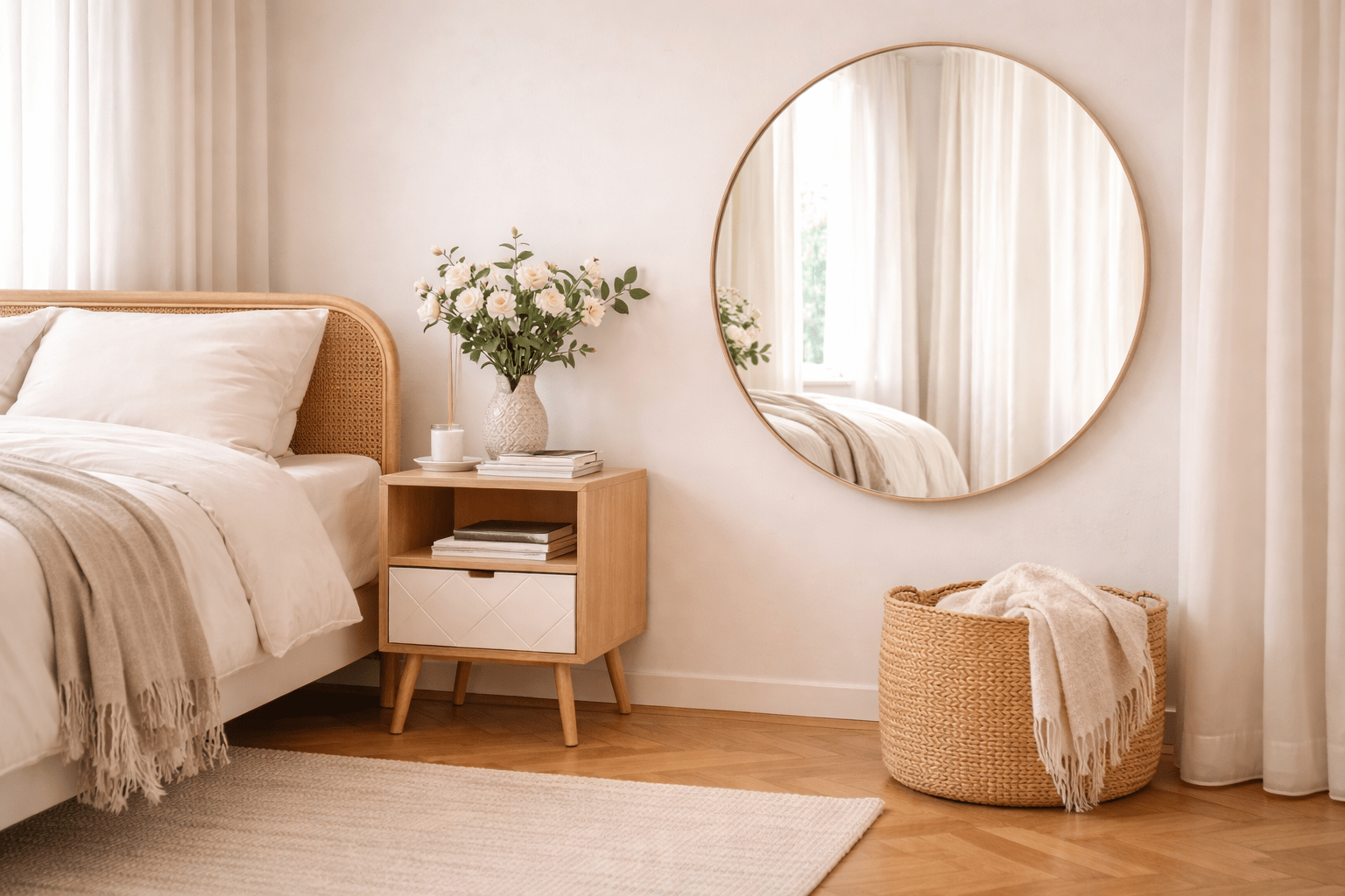 Skandinavisches Schlafzimmer mit rundem Spiegel in hellem Holzrahmen, der Tageslicht reflektiert, kombiniert mit Holzbett, Naturkorb und hellen Textilien für eine luftige Atmosphäre.
