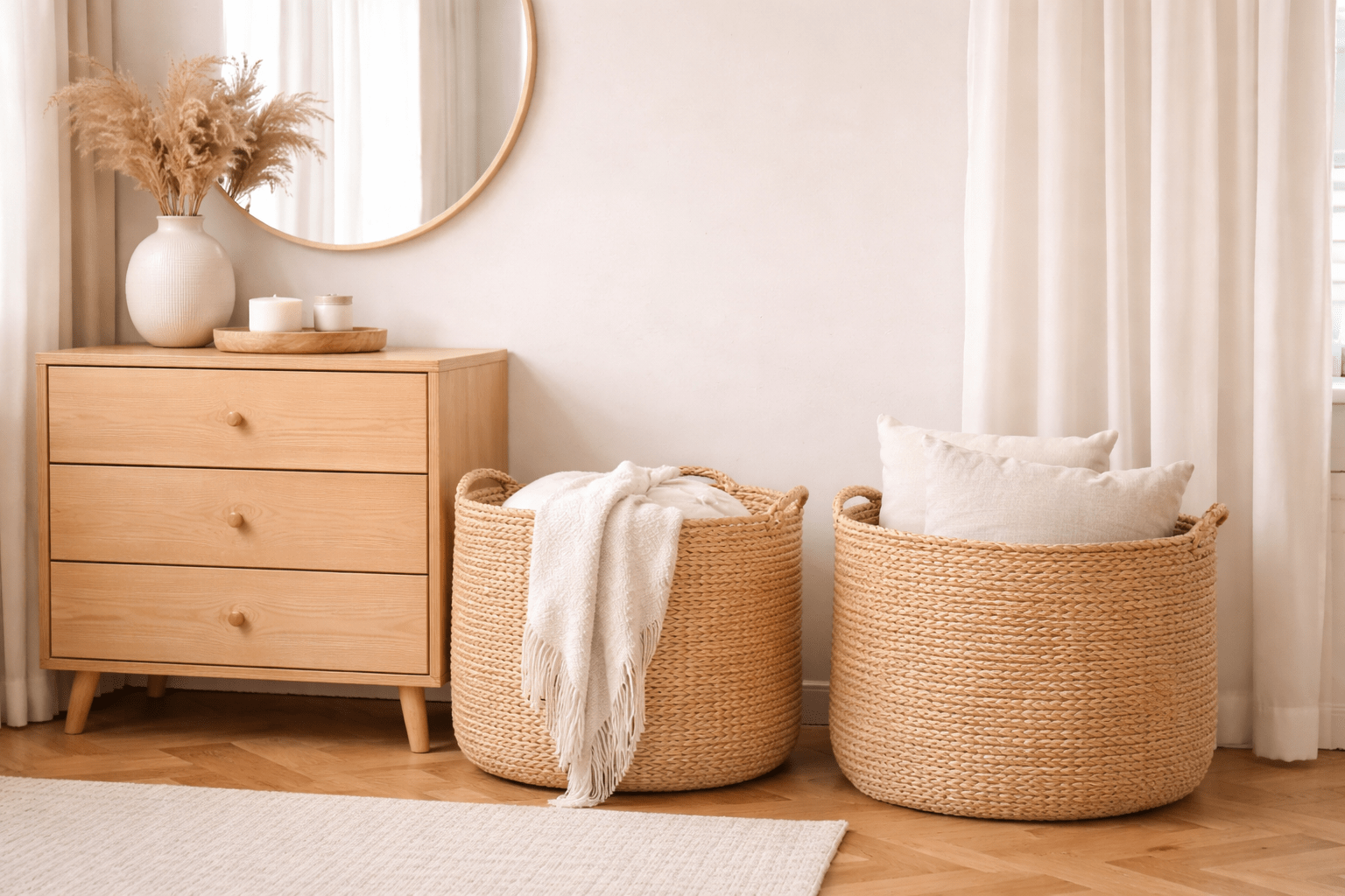 Skandinavisches Schlafzimmer mit großen Naturkörben aus Seegras neben einer hellen Holzkommode, gefüllt mit Decken und Kissen, ruhig und ordentlich gestaltet.