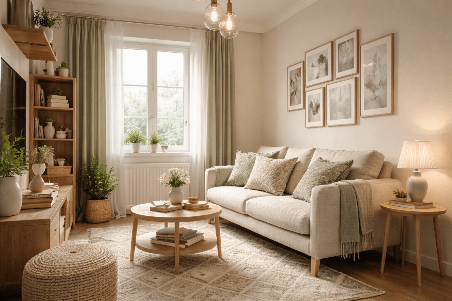 Kleines, stilvoll eingerichtetes Wohnzimmer mit einem kompakten, hellen Zweisitzer-Sofa auf schlanken Holzfüßen, schmalen Armlehnen und dezenten Kissen in Natur- und Grüntönen, kombiniert mit einem runden Couchtisch, hellem Teppich, zarten Vorhängen und warmem Tageslicht für eine luftige, offene Raumwirkung.