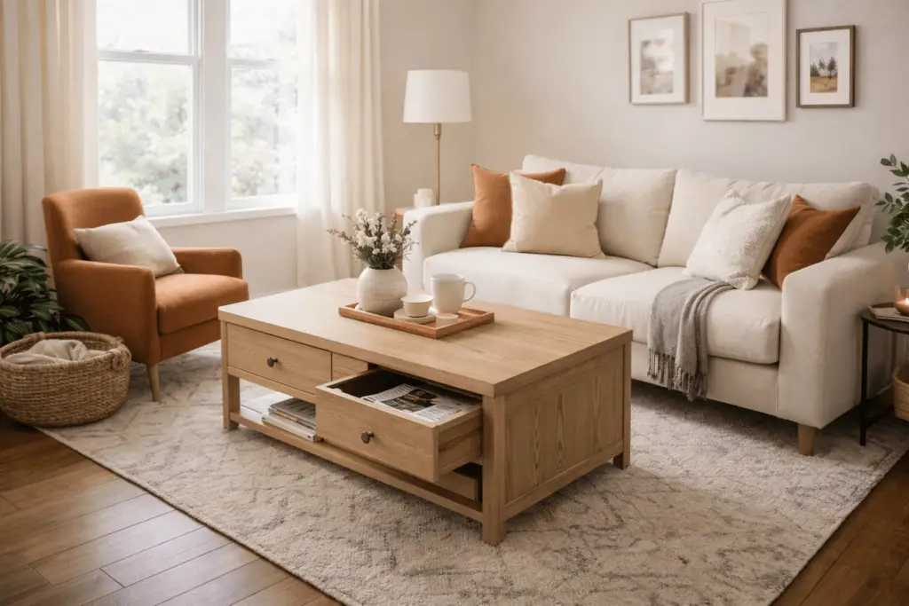 Kleines, hell eingerichtetes Wohnzimmer mit einem kompakten Sofa und einem rechteckigen Couchtisch aus Holz mit integrierten Schubladen und Ablagefach, der zusätzlichen Stauraum für Zeitschriften und Alltagsgegenstände bietet und den Raum aufgeräumt und ruhig wirken lässt.