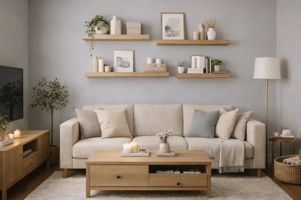 Kleines, helles Wohnzimmer mit einem kompakten Sofa und mehreren schwebenden Wandregalen über dem Sofa, die dezent mit Büchern, Vasen und Pflanzen dekoriert sind und zusätzlichen Stauraum schaffen, ohne den Raum voll wirken zu lassen.