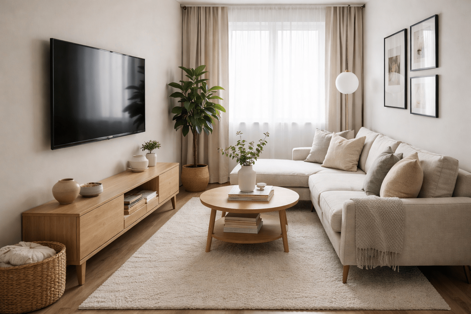 Kleines, schmal geschnittenes Wohnzimmer mit wandmontiertem Fernseher, der den Boden frei lässt, einem schlanken Sideboard darunter für zusätzlichen Stauraum, einem kompakten Sofa und hellen Naturtönen, wodurch der Raum aufgeräumt, strukturiert und größer wirkend erscheint.