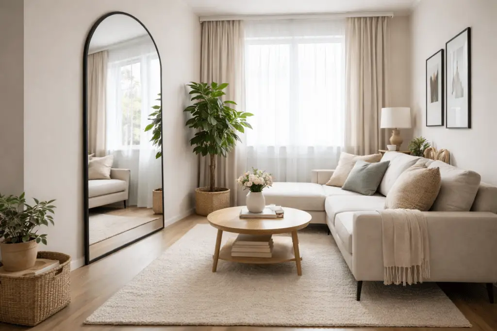 Kleines, helles Wohnzimmer mit einem großen bodenstehenden Spiegel in ruhigem Rahmen, der gegenüber einem Fenster platziert ist und das Tageslicht reflektiert, wodurch der Raum optisch tiefer, offener und größer wirkt.