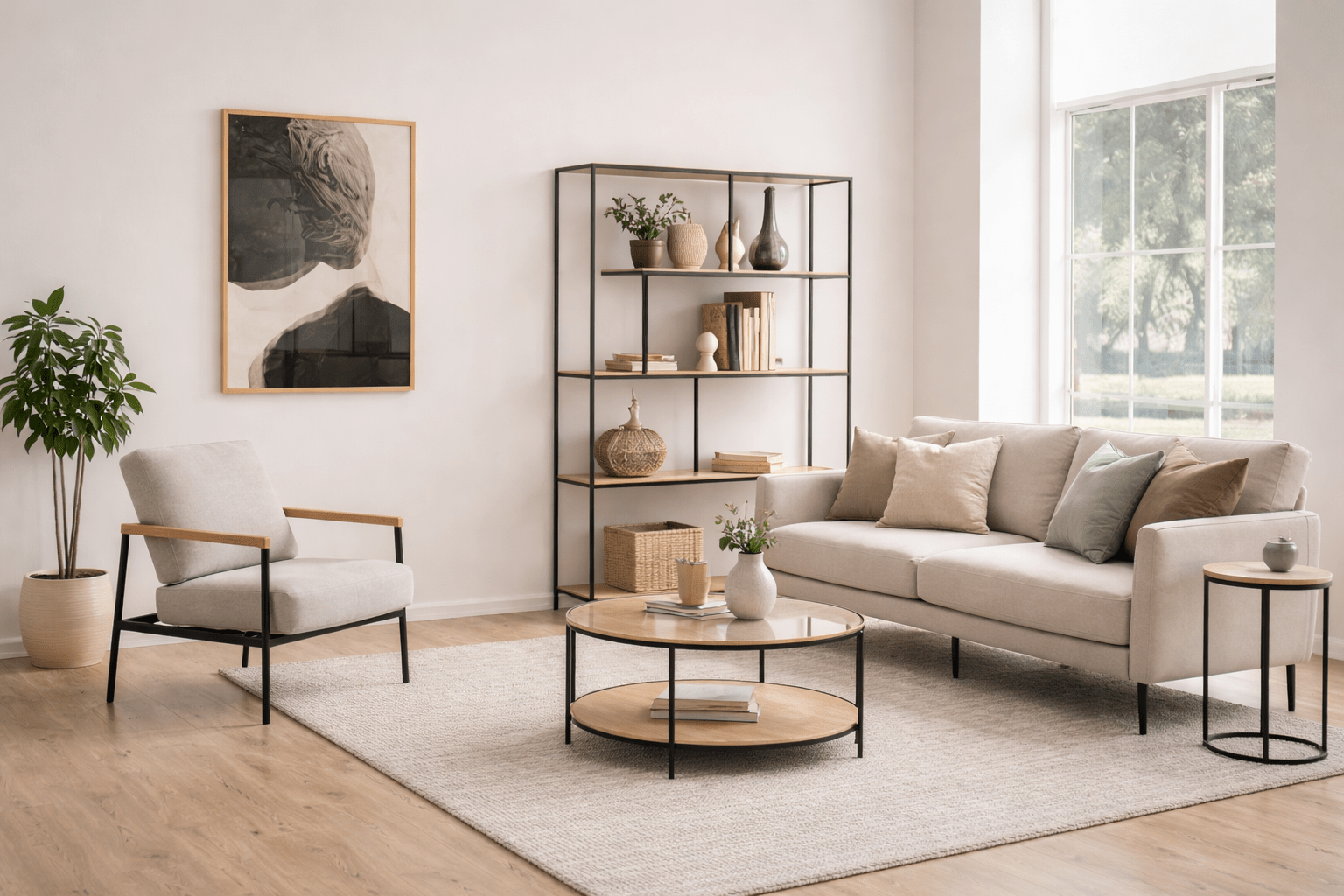 Kleines, modern eingerichtetes Wohnzimmer mit schlanken Möbeln auf filigranen Beinen, einem offenen Regalsystem aus Metall und hellem Holz sowie einem transparent wirkenden Couchtisch, wodurch viel Boden sichtbar bleibt und der Raum leicht, offen und größer wirkt.