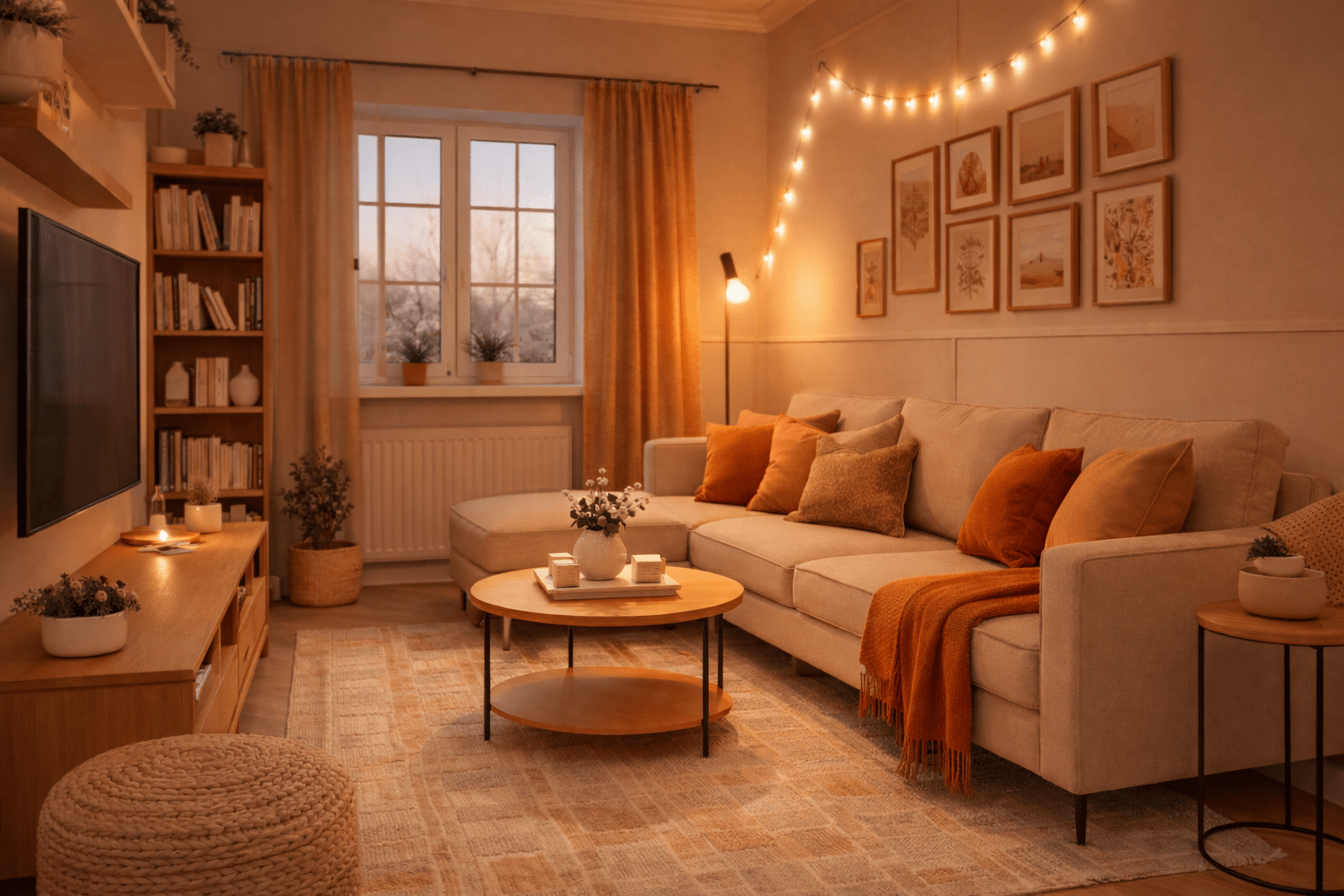 Kleines Wohnzimmer mit durchgängigem Farbschema aus warmen Beige-, Rot- und Orangetönen, einem hellen Sofa mit farblich abgestimmten Kissen, passendem Teppich und harmonischer Deko, die dem Raum ein ruhiges, gemütliches und ausgewogenes Gesamtbild verleiht.