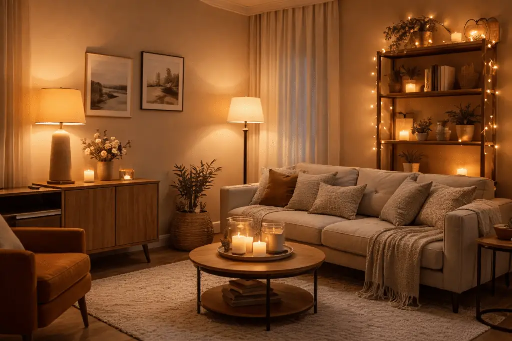 Kleines Wohnzimmer mit mehreren warmen Lichtquellen wie Steh- und Tischlampen, Kerzen und einer dezenten Lichterkette, die indirektes Licht erzeugen und dem Raum am Abend eine gemütliche, tiefe und einladende Atmosphäre verleihen.