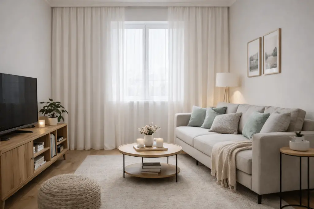 Kleines Wohnzimmer mit deckenhoch montierten, hellen Vorhängen aus leichtem Stoff, die bis zum Boden reichen und den Raum optisch strecken, kombiniert mit einem kompakten Sofa und viel Tageslicht für ein luftiges, höher wirkendes Raumgefühl.