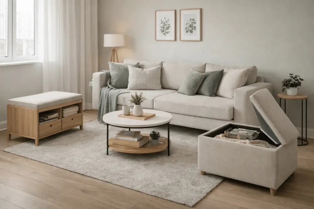 Kleines Wohnzimmer mit multifunktionalen Möbeln wie einem Hocker mit integriertem Stauraum, einem Couchtisch mit Ablagefläche und einer Sitzbank mit Fach, die mehrere Funktionen vereinen und den Raum aufgeräumt, ruhig und großzügiger wirken lassen.