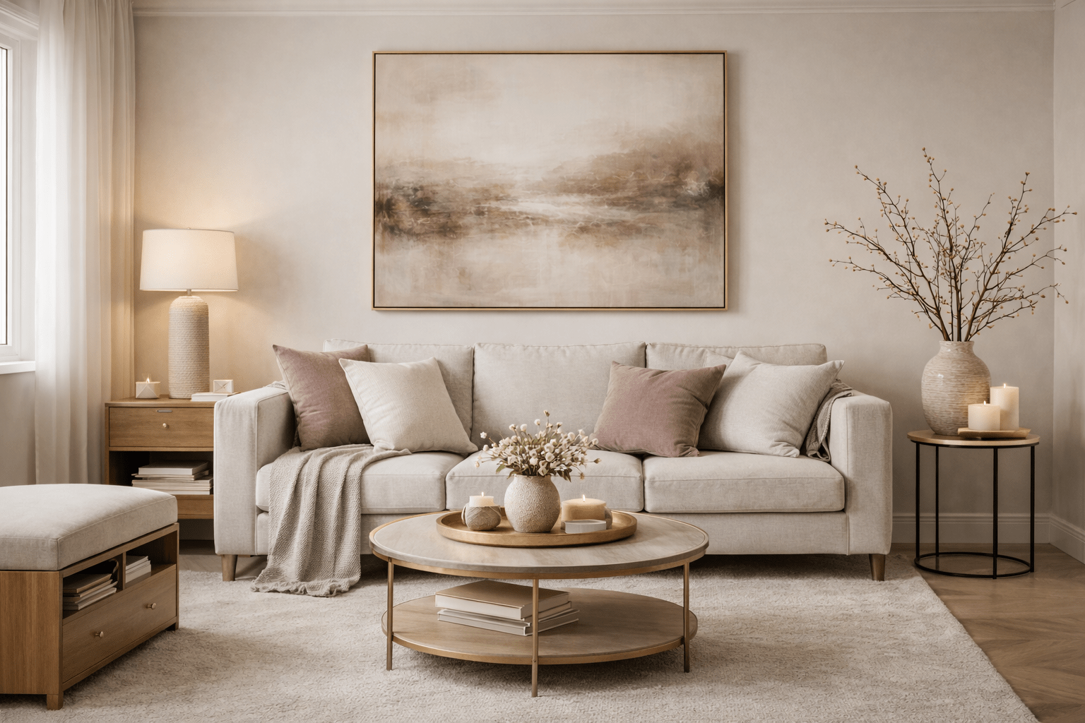 Kleines, elegant eingerichtetes Wohnzimmer mit bewusst eingesetzter Dekoration, einem großen ruhigen Wandbild, einer markanten Vase und einem stilvollen Dekotablett auf dem Couchtisch, die als wenige, aber gezielte Highlights ein harmonisches und hochwertiges Gesamtbild schaffen.