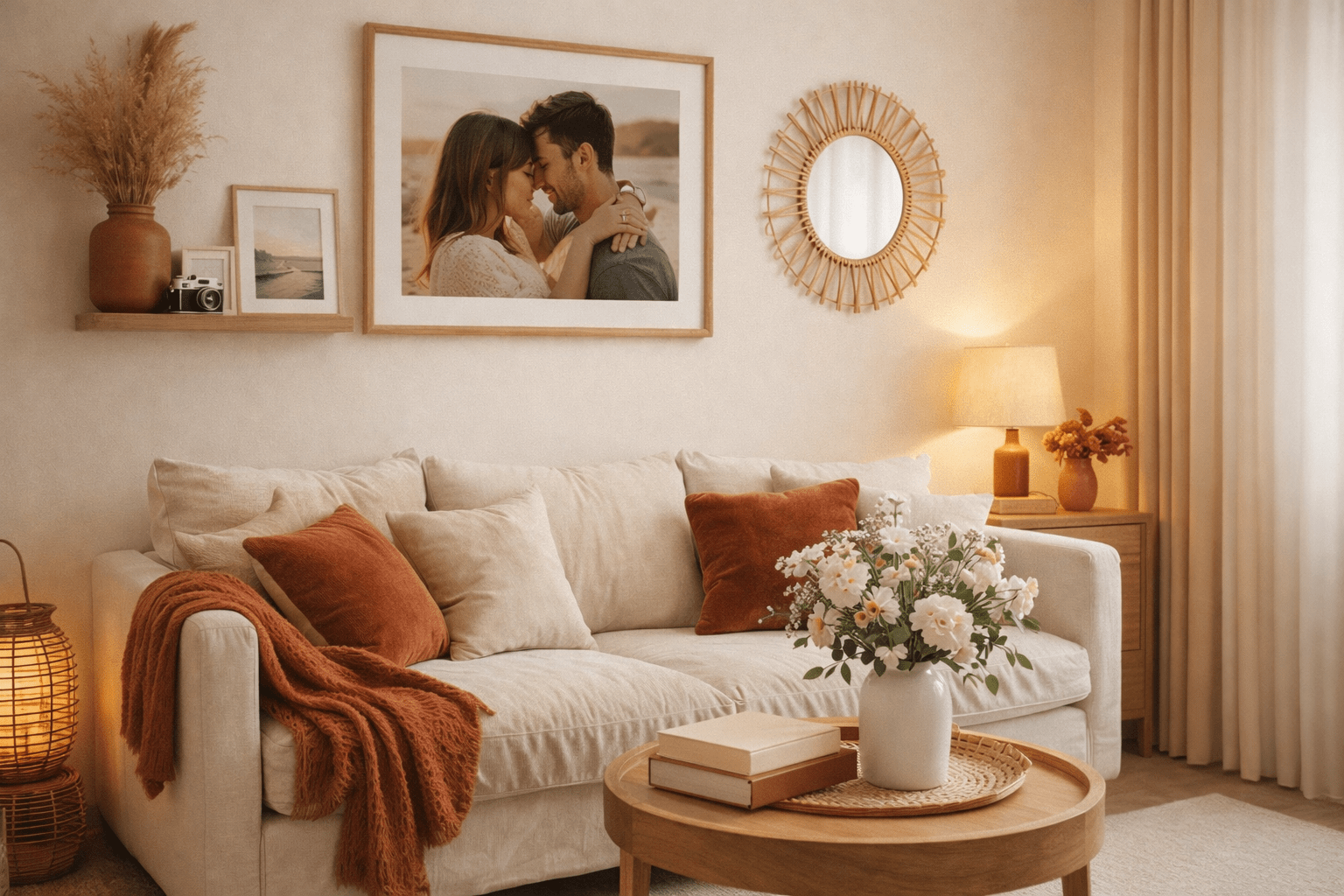 Helles, gemütliches Wohnzimmer in warmen Beige- und Terrakottatönen mit Stoffsofa, bewusst platziertem gerahmtem Foto als persönlichem Highlight über dem Sofa, runder Holz-Couchtisch mit Vase und Büchern, Rattan-Spiegel und sanfter Beleuchtung – ruhig, aufgeräumt und individuell.