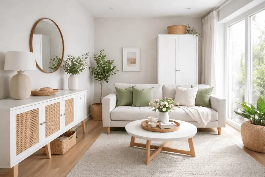 Aufgeräumtes, helles Wohnzimmer in Weiß- und Salbeigrün-Tönen mit geschlossenem Sideboard, Körben zur Aufbewahrung, schlichtem Sofa und rundem Couchtisch – klare Strukturen, wenig sichtbare Gegenstände und ruhige, ordentliche Raumwirkung in modernem Wohnstil.