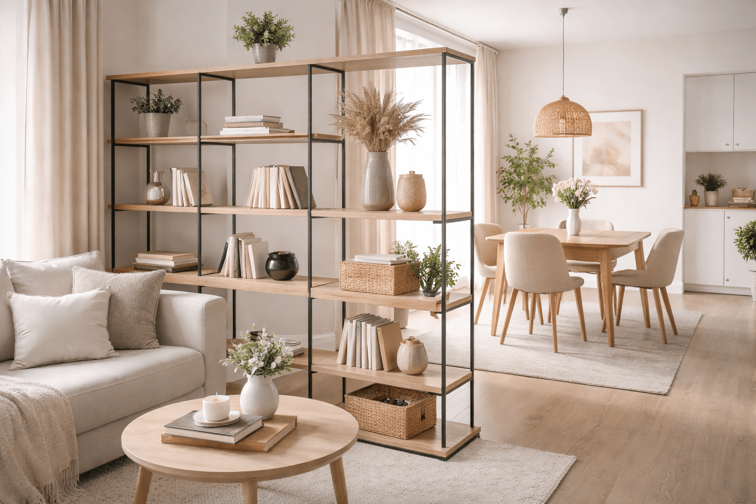 Helles, modernes Wohnzimmer mit offenem Regal als Raumtrenner in warmen Natur- und Beigetönen, luftige Regalstruktur mit locker platzierten Büchern, Körben und Pflanzen, klare Abgrenzung zwischen Wohnbereich mit Sofa und Essbereich mit Holztisch, lichtdurchlässig und ruhig gestaltet.