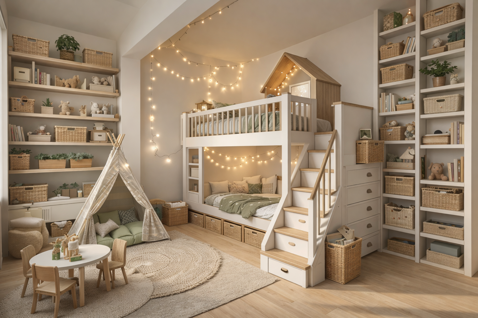 Helles Kinderzimmer im 16:9 Format mit weißem Hochbett und integrierten Schubladen in der Treppe, darunter eine gemütliche Spielecke mit Kissen und Tipi. Hohe Wandregale bis unter die Decke mit Körben und Büchern nutzen die Raumhöhe optimal, warme Lichterketten und sanfte Grün- und Beigetöne sorgen für eine ruhige, aufgeräumte Atmosphäre.