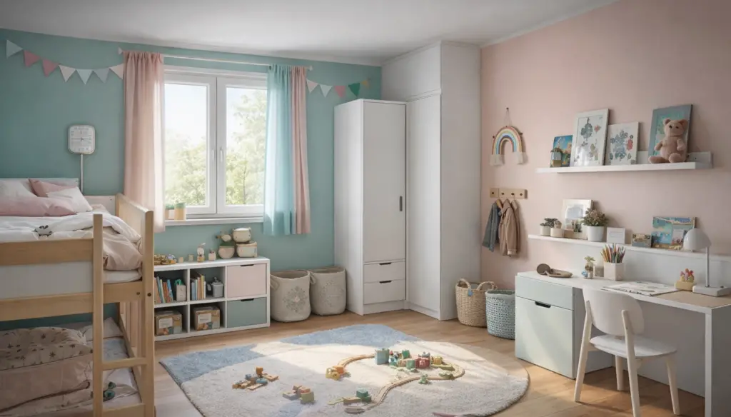 Helles Kinderzimmer im 16:9 Format mit klar definierten Zonen für Schlafen, Spielen, Anziehen und Malen. Links steht ein Holz-Hochbett mit Bettwäsche in Naturtönen, darunter Spielkörbe. In der Mitte liegt ein Teppich mit Straßenmuster und Holzspielzeug. Rechts befindet sich eine kleine Malecke mit Tisch und zwei Stühlen sowie eine offene Kleiderstange mit ordentlich sortierter Kinderkleidung. Sanfte Beige- und Naturtöne sorgen für eine ruhige, strukturierte Atmosphäre.
