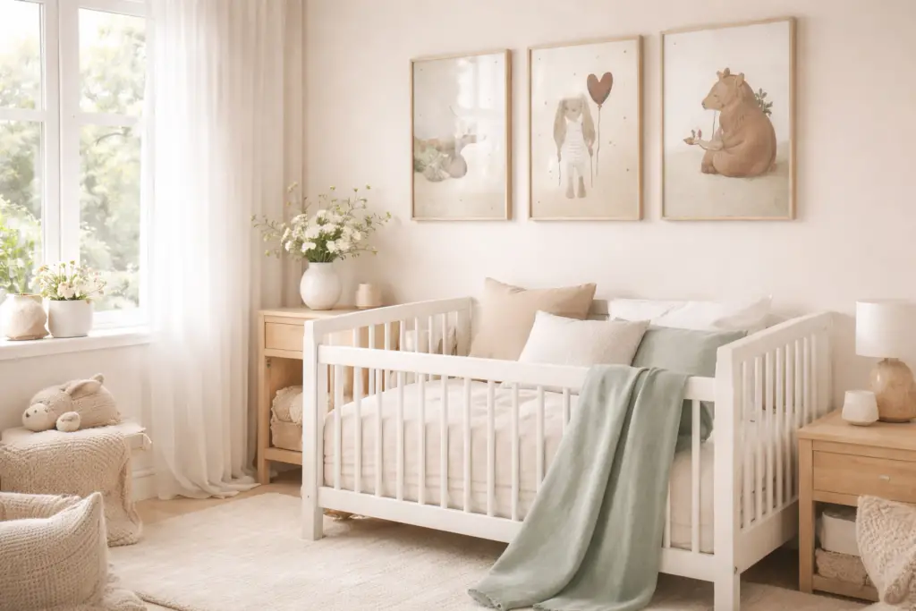 Helles Kinderzimmer mit weißem Kinderbett, warm beigen Wänden und natürlichen Textilien in Creme und Salbei. Über dem Bett hängen drei zarte Illustrationen in Holzrahmen, während weiche Vorhänge und ein heller Teppich das lichtdurchflutete, freundliche Raumgefühl unterstreichen.