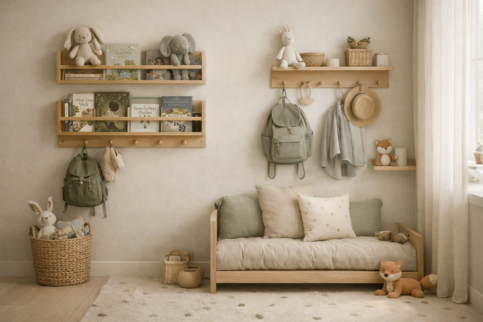 Helles Kinderzimmer in warmem Greige mit schmalen Holzregalen an der Wand, auf denen Bücher mit sichtbaren Covern dekorativ präsentiert werden. Ergänzend sorgen eine Hakenleiste mit Rucksack und Jacke, ein kleiner Holzsessel mit Kissen sowie Körbe für vertikalen Stauraum und eine aufgeräumte, freundliche Atmosphäre.