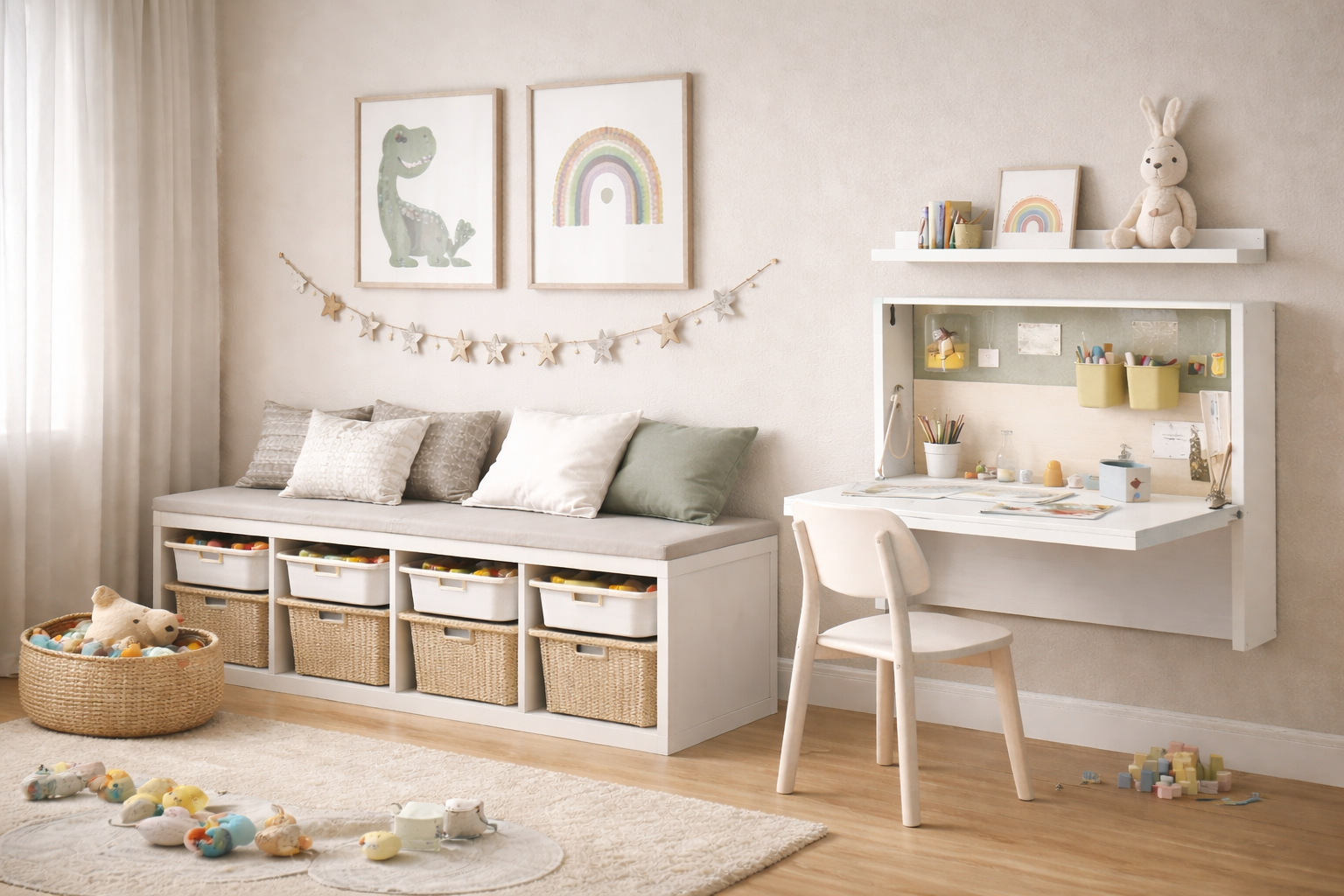 Helles Kinderzimmer im 16:9 Format mit multifunktionalen Möbeln. Eine weiße Sitzbank mit grauem Polster und integrierten Körben bietet Stauraum für Spielzeug. Daneben ist ein klappbarer Wandtisch als Bastelplatz geöffnet, ausgestattet mit Stuhl, Stiften und kleinen Aufbewahrungsboxen. Sanfte Beige- und Salbeitöne sowie natürliche Materialien sorgen für eine ruhige, strukturierte Atmosphäre.
