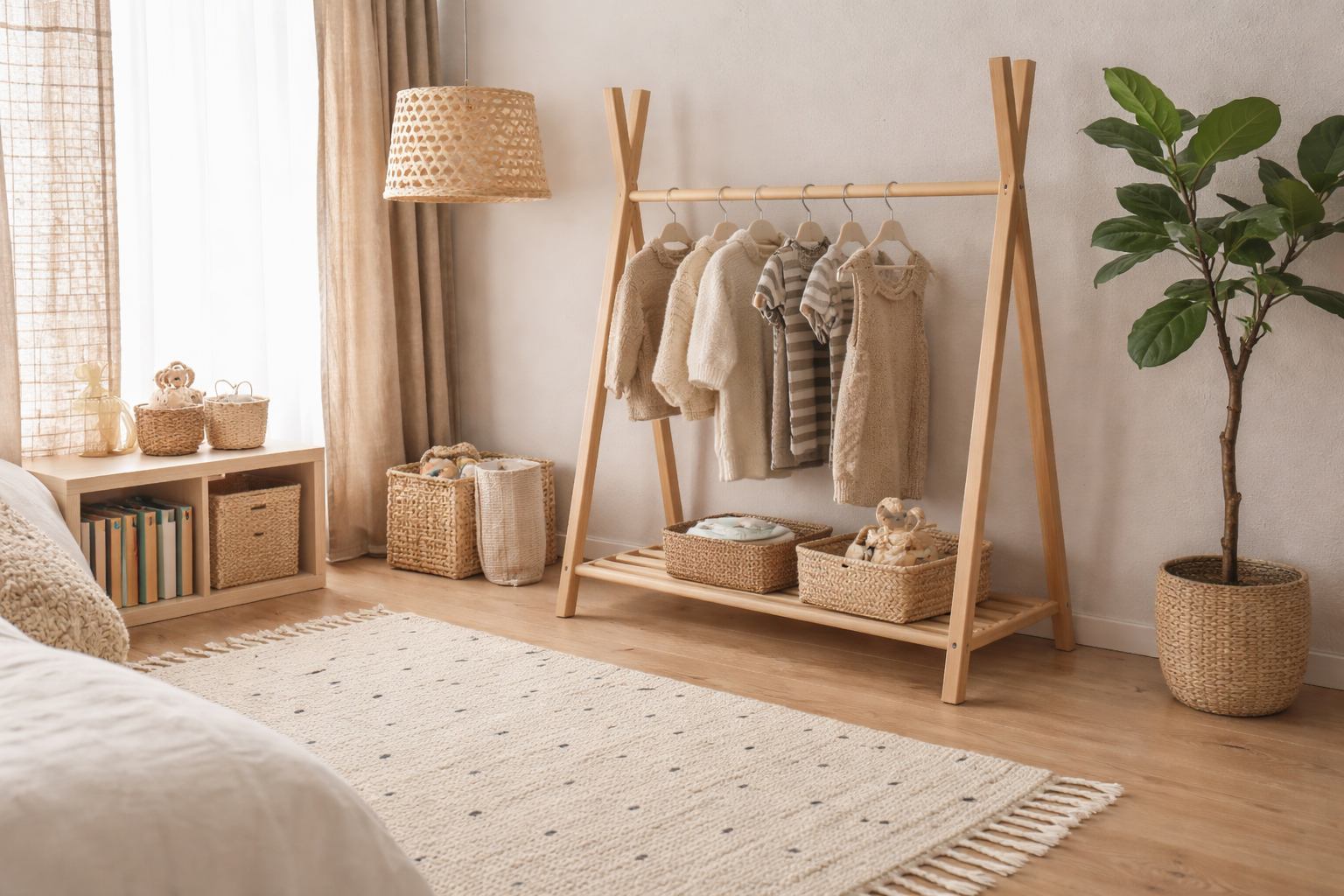 Kinderzimmer im 16:9 Format mit Fokus auf natürliche Materialien. Heller Holz-Kleiderständer mit Baumwoll- und Strickkleidung in Creme- und Sandtönen, geflochtene Körbe aus Naturfasern, Leinen-Vorhänge und Teppich mit Fransen auf hellem Holzboden. Eine Rattan-Hängeleuchte und eine grüne Zimmerpflanze unterstreichen die warme, ruhige und zeitlose Atmosphäre.
