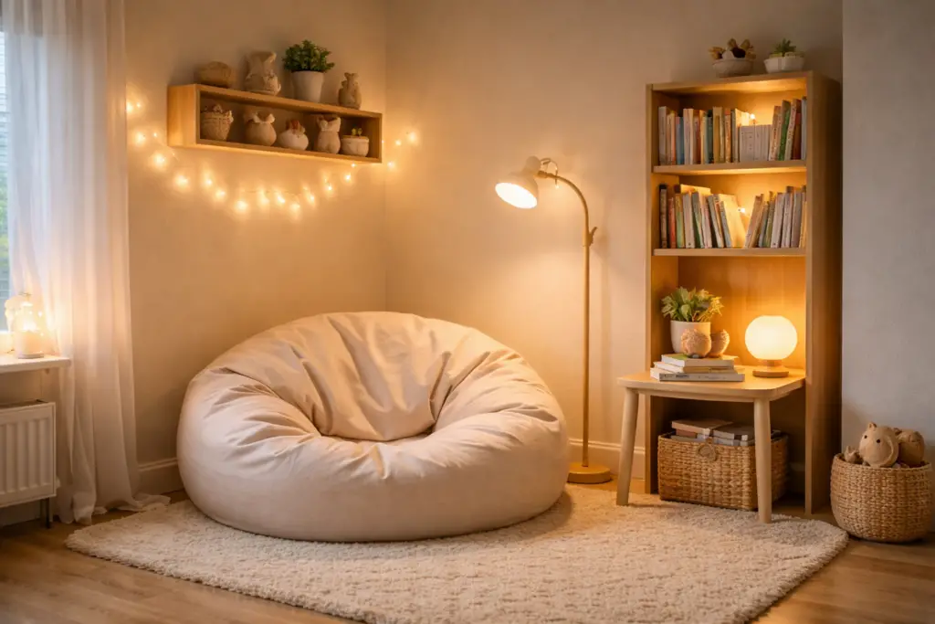Gemütliche Leseecke im Kinderzimmer mit großem, cremefarbenem Sitzsack auf rundem Teppich. Mehrere Lichtquellen wie eine warmweiß leuchtende Tischlampe, eine Stehlampe und eine indirekte Lichterkette an der Wand sorgen für sanfte Tiefe. Holzregale mit Büchern und Körben unterstreichen die warme, einladende Atmosphäre.