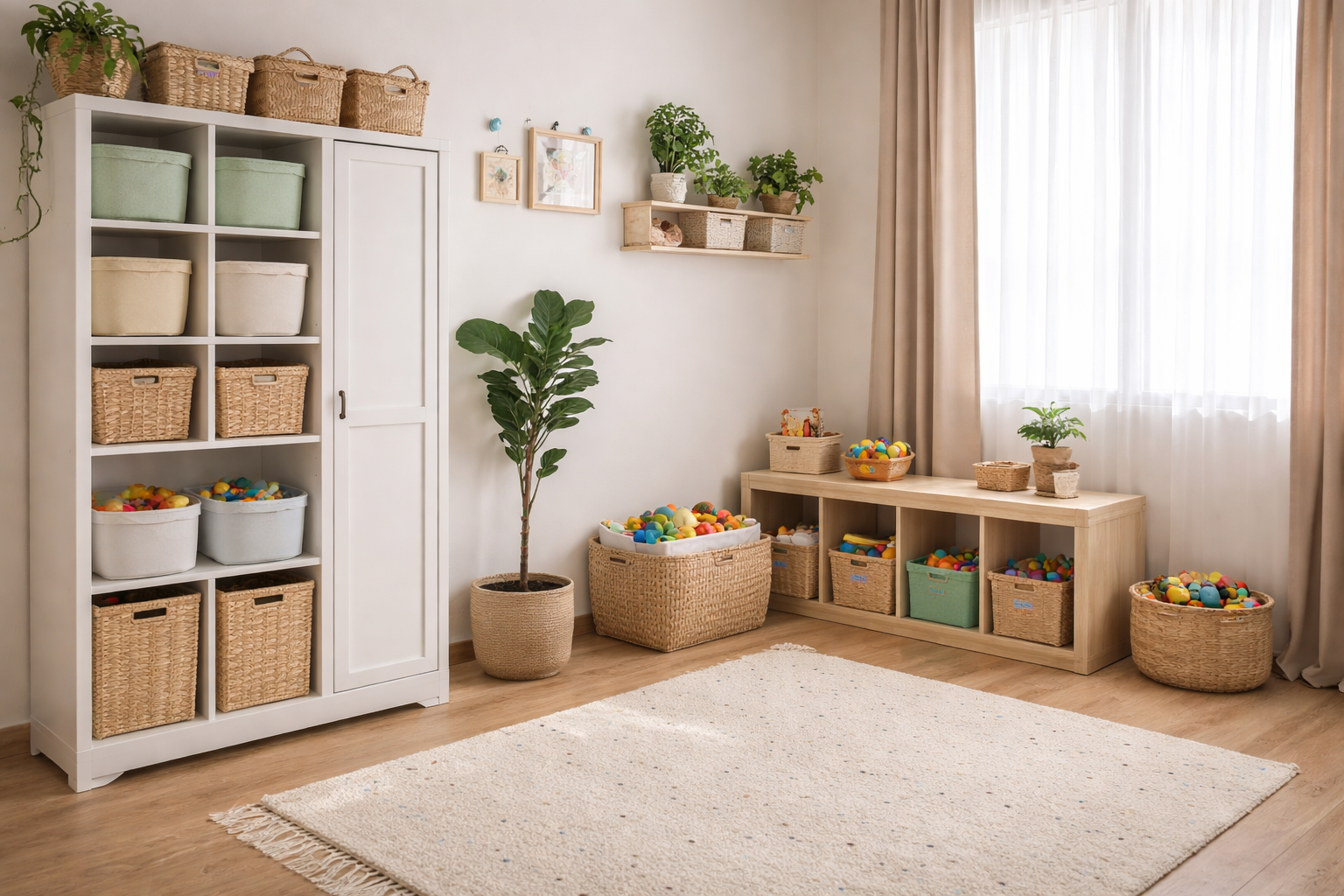 Kinderzimmer im 16:9 Format mit klar strukturiertem Ordnungssystem für das Rotationsprinzip. Ein hoher, geschlossener Schrank mit Körben im oberen Bereich und eine niedrige Holzbank mit wenigen offenen Stoffboxen in sanften Beige- und Salbeitönen sorgen für Übersicht. Einige Spielsachen sind sichtbar, andere verstaut, sodass freie Bodenflächen und ein heller Teppich dem Raum Weite und Ruhe verleihen.