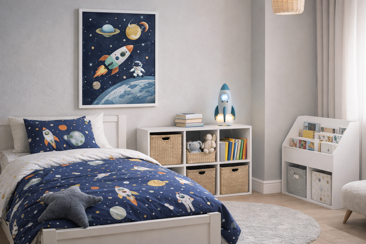 Helles Kinderzimmer im 16:9 Format mit neutraler Grundgestaltung in Weiß und Beige. Das Bett ist mit dunkelblauer Bettwäsche im dezenten Weltraumdesign bezogen, während der Rest des Raumes ruhig gehalten ist. Über dem Bett hängt ein einzelnes Poster mit Raketenmotiv, ergänzt durch eine kleine Raketenlampe auf einer weißen Kommode. Geflochtene Körbe und schlichte Möbel sorgen für Ordnung, sodass das Thema nur als gezielter Akzent wirkt und der Raum insgesamt luftig und nicht überladen erscheint.