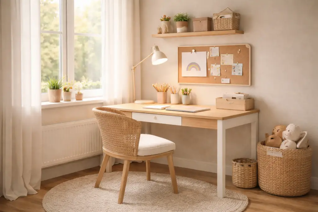Heller Kinderarbeitsplatz unter einem großen Fenster mit schmalem Holzschreibtisch und weißem Gestell. Eine Tischlampe mit warmem Licht, kleine Organizer für Stifte und eine Pinnwand mit Zeichnungen sorgen für Struktur. Der luftige Aufbau mit hellen Materialien und Körben hält den kleinen Raum ruhig und aufgeräumt.