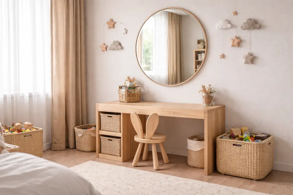 Helles Kinderzimmer im 16:9 Format mit rundem Wandspiegel gegenüber einem Fenster, der das Tageslicht reflektiert und den Raum optisch vergrößert. Darunter ein schlichter Holzschreibtisch mit geflochtenen Körben und kleiner Holzstuhl, ergänzt durch natürliche Textilien in Beige- und Sandtönen sowie dezente Wanddeko in soften Pastellfarben.