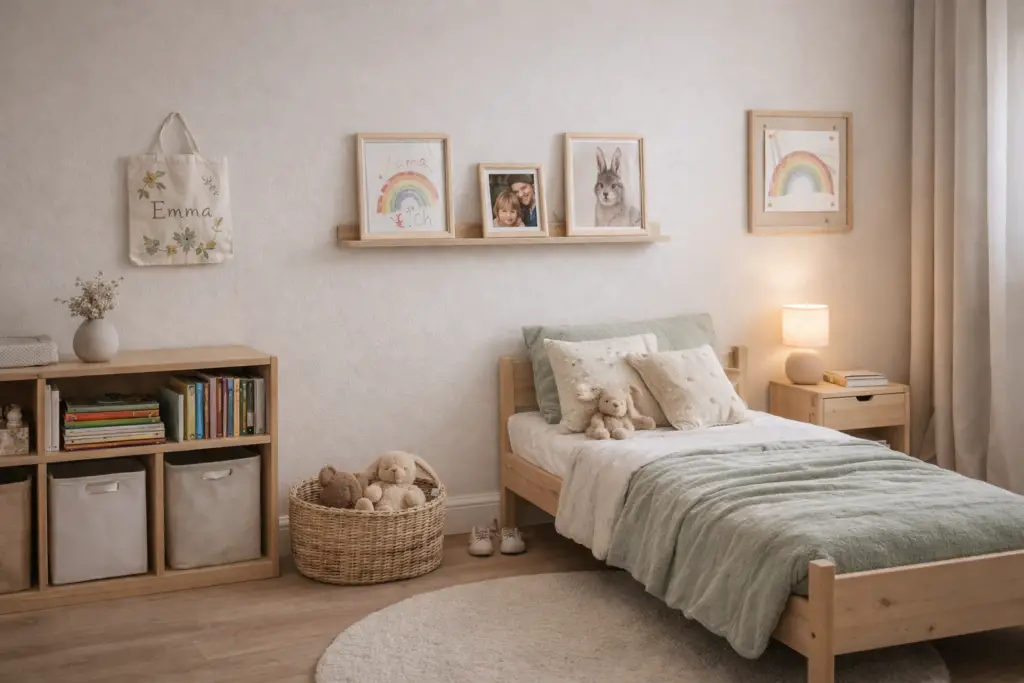 Helles Kinderzimmer im 16:9 Format mit ruhiger, natürlicher Farbwelt in Salbeigrün, Beige und hellem Holz. Ein schlichtes Holzbett mit grüner Tagesdecke steht neben einem kleinen Nachttisch mit warmer Tischlampe. Über dem Bett befindet sich eine schmale Bilderleiste mit wenigen gerahmten Zeichnungen und einem Foto, bewusst mit Abstand zueinander platziert. Ein niedriges Regal mit Körben und Büchern sowie ein runder Teppich aus Naturfasern ergänzen den Raum, der durch gezielt eingesetzte persönliche Details harmonisch und nicht überladen wirkt.