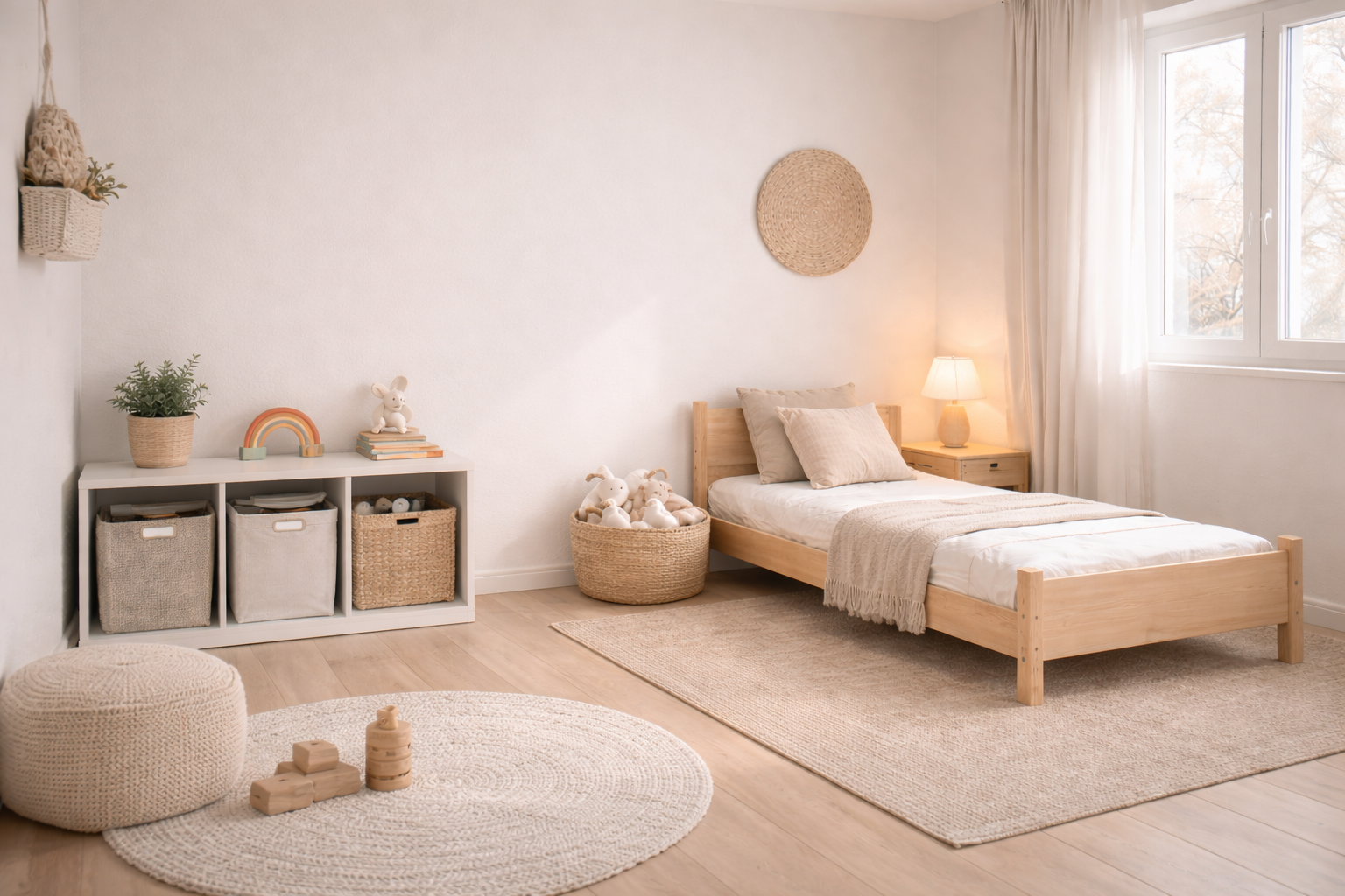 Kleines, liebevoll gestaltetes Kinderzimmer im 16:9 Format mit heller, ruhiger Farbpalette in Creme, Beige und zartem Salbeigrün. Ein schmales Holzbett mit weicher Decke steht an der Wand, daneben ein kleiner Nachttisch mit warmer Lampe. Gegenüber sorgt ein niedriges Regal mit Stoffboxen und wenigen ausgewählten Dekoelementen für Ordnung. Ein runder Teppich und ein Korb mit Kuscheltieren schaffen Gemütlichkeit, während bewusst freie Wand- und Bodenflächen dem Raum Weite und Leichtigkeit geben.