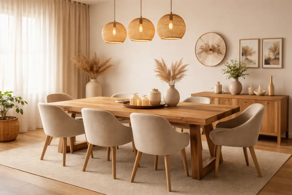 Esszimmer in warmen Naturtönen mit massivem Holztisch, hellen gepolsterten Stühlen aus Leinenoptik, beiger Teppich, schlichte Keramikvasen und weiche Pendelleuchten aus Naturmaterialien für eine ruhige, gemütliche Atmosphäre.