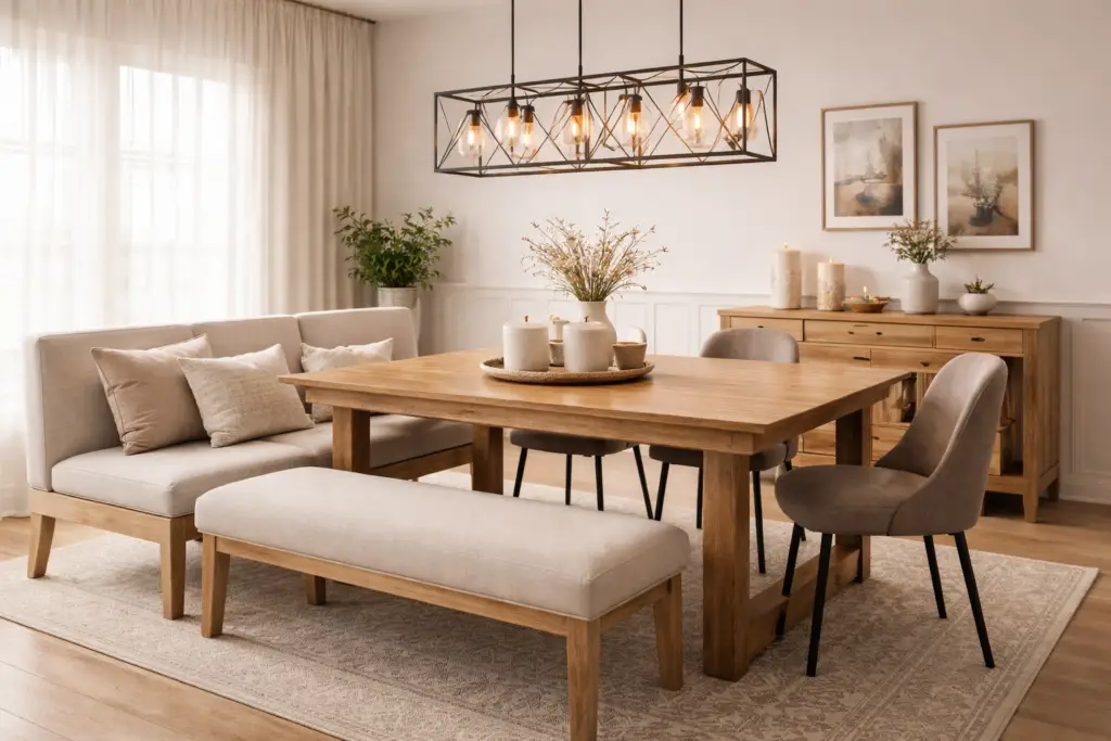 Gemütliches Esszimmer mit großer gepolsterter Sitzbank in Beige, massivem Holztisch und passenden Stühlen in warmen Naturtönen. Über dem Tisch hängt eine schwarze Pendelleuchte mit warmem Licht. Dezente Deko, Kissen auf der Sitzbank und ein heller Teppich sorgen für eine einladende, wohnliche Atmosphäre.