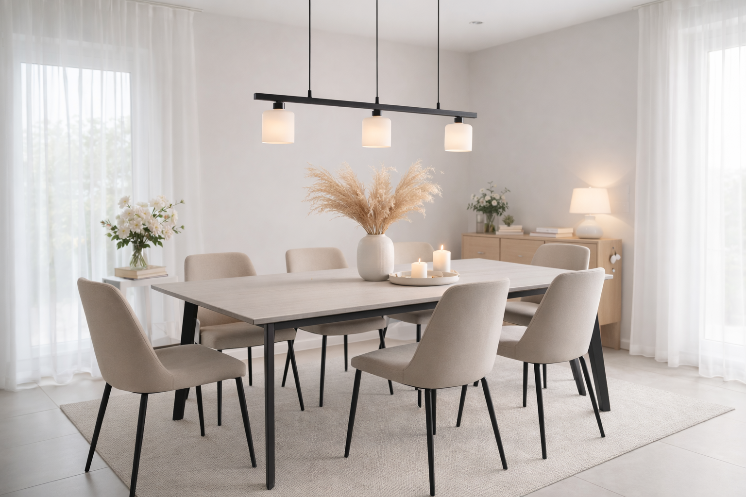 Modernes Esszimmer in warmen Beige- und Grautönen mit schlichtem Esstisch, gepolsterten Stühlen, dezenter Tischdeko aus Vase und Kerzen sowie einer minimalistischen Pendelleuchte über dem Tisch.