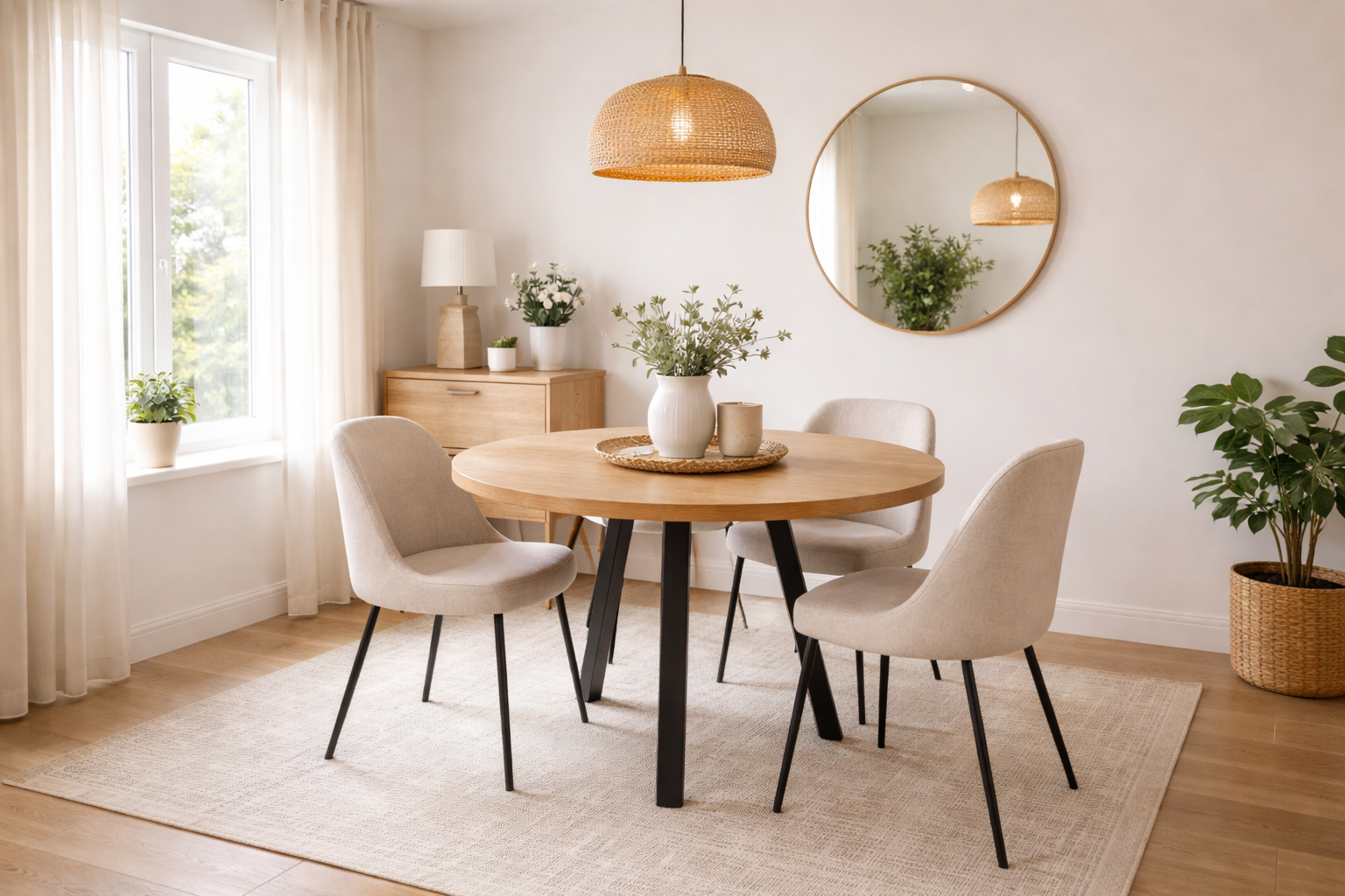 Kleines, helles Esszimmer mit rundem Holztisch, filigranen Polsterstühlen in Beige und einer natürlichen Pendelleuchte aus Rattan. Ein großer runder Spiegel an der Wand reflektiert das Licht und lässt den Raum größer wirken. Dezente Deko und helle Farben sorgen für eine ruhige, luftige Atmosphäre.