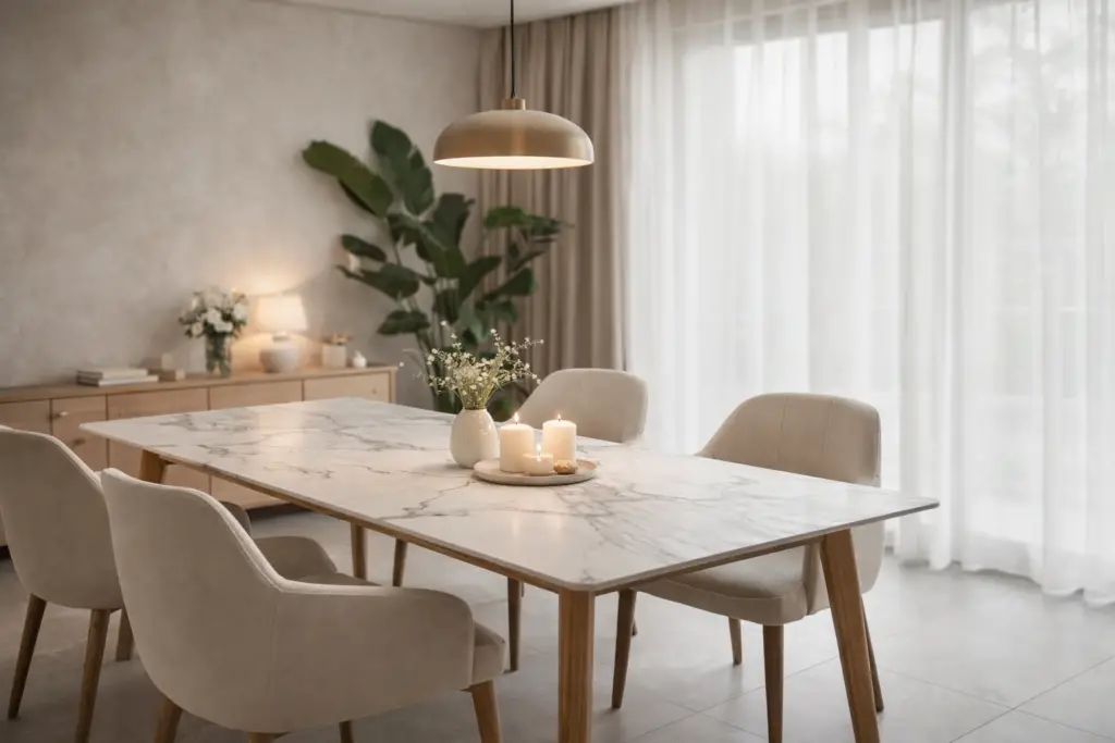 Elegantes Esszimmer mit Esstisch aus heller Keramikplatte in Steinoptik, kombiniert mit Holzbeinen, gepolsterten Stühlen in Naturtönen, warmer Pendelleuchte und minimalistischer Deko aus Vase und Kerzen.