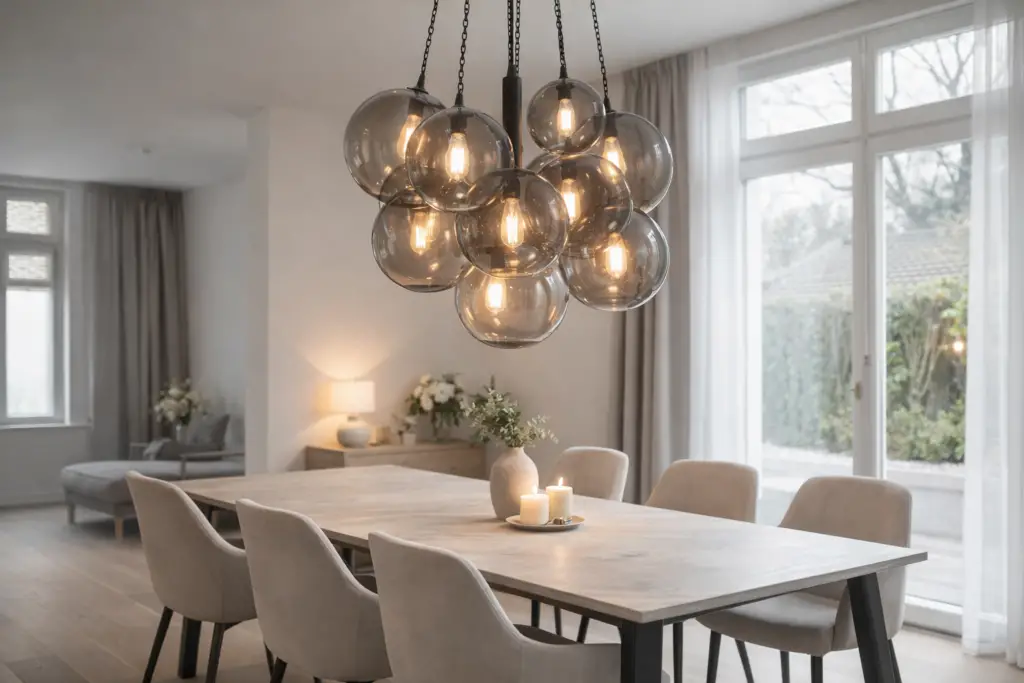 Modernes Esszimmer mit schlichter Einrichtung und einer auffälligen, mehrflammigen Pendelleuchte aus Rauchglas als Statement über dem Esstisch, kombiniert mit neutralen Stühlen, warmem Licht und dezenter Deko.