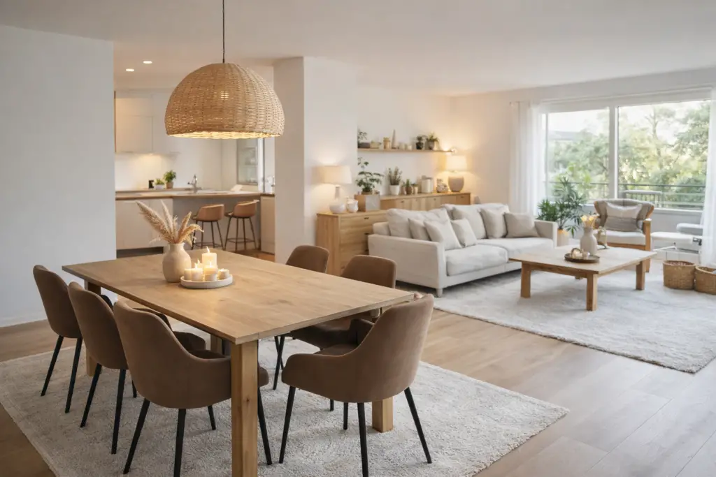 Offenes Wohn- und Esszimmer mit klar abgegrenztem Essbereich durch Teppich, Holzesstisch mit bequemen Stühlen, natürlicher Pendelleuchte und harmonisch abgestimmten Farben zwischen Wohn- und Esszone.