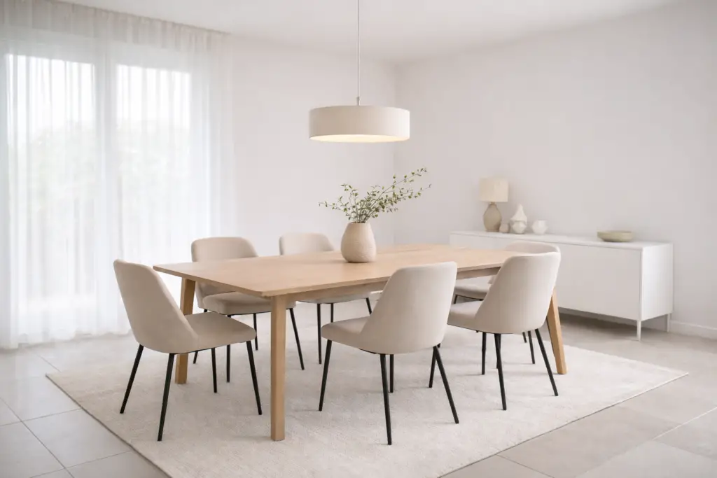Helles, minimalistisches Esszimmer mit Holzesstisch, gepolsterten Stühlen in sanften Beigetönen, weicher Pendelleuchte, feinen Naturdetails und ruhiger, aufgeräumter Atmosphäre.